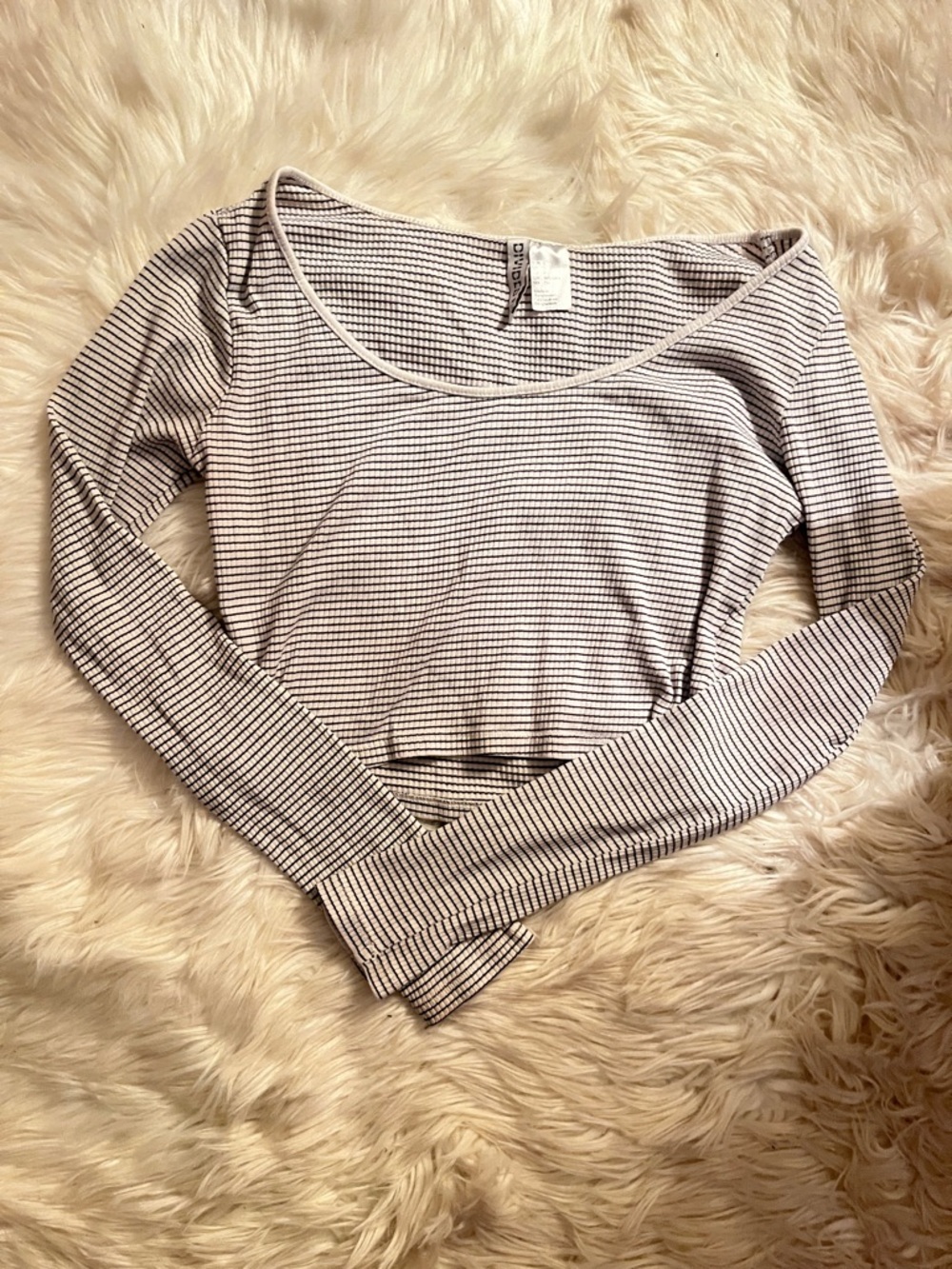 Divided White and Black Striped Long-Sleeve Scoop Neck Top